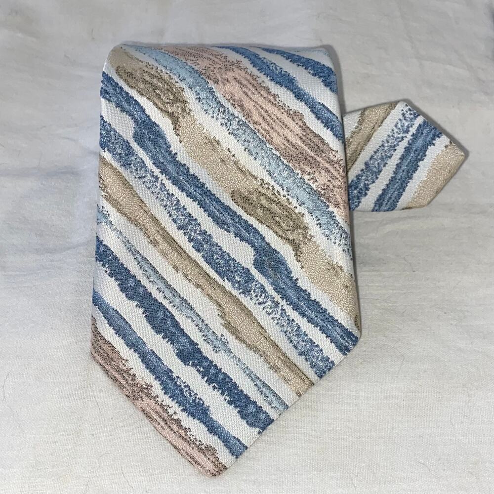 Vtg Arc de Triomphe Necktie Blue Neutral Abstract Stripe Woven 58 x 4 90s Suit